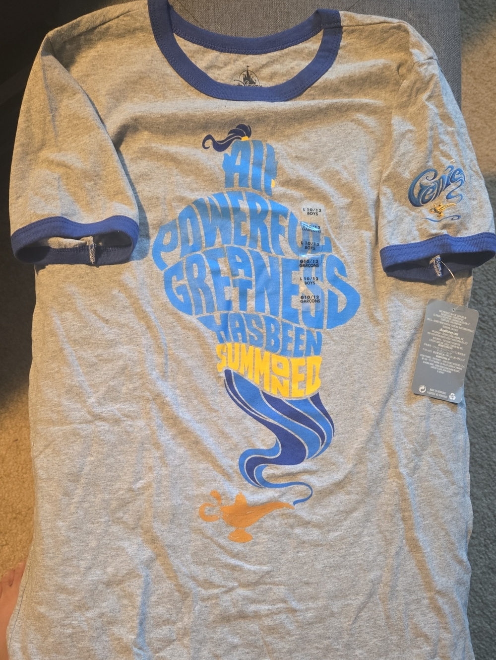 Disney Gray Genie Tee with Blue Trim NWT
